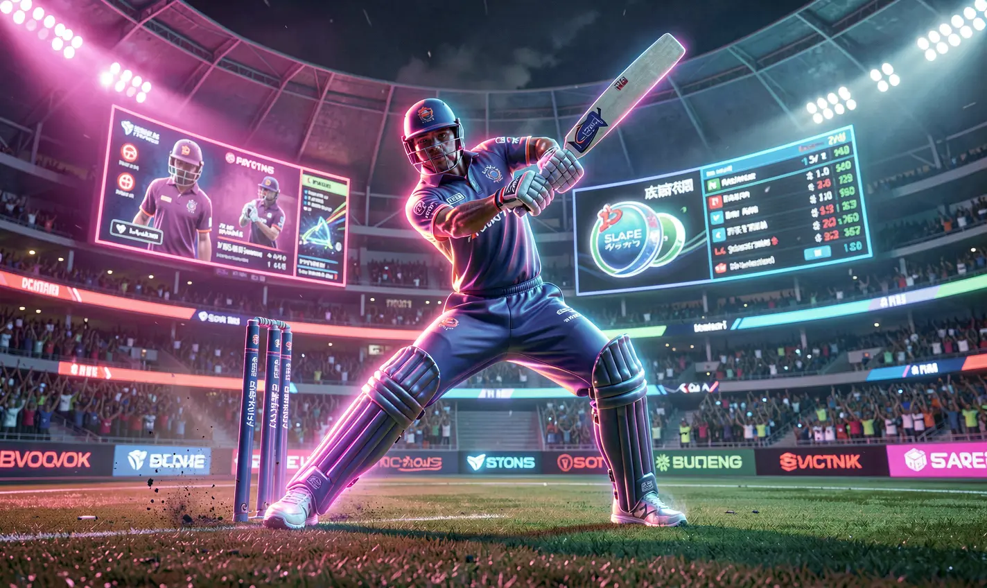 Futuristic neon cricket player in mid-action surrounded by digital effects representing high energy sports betting on 35OK in Bangladesh