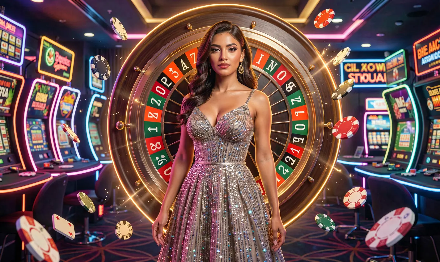 Stylish casino woman in a shimmering dress posing before a vibrant roulette wheel with floating chips highlighting the excitement of 35OK bonuses in Bangladesh