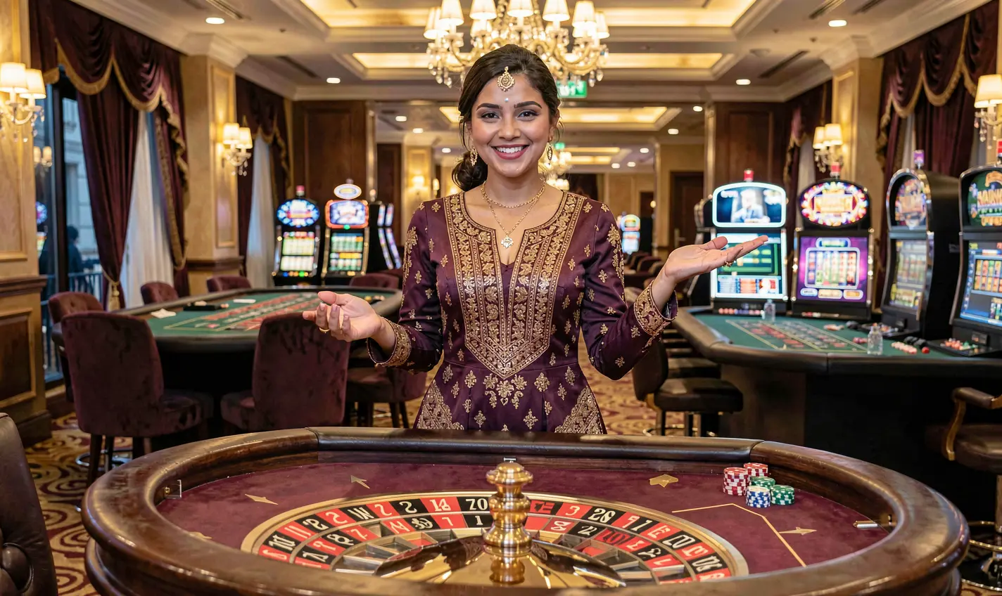 Charming live casino hostess at a roulette table with vibrant lights and a luxury casino setting highlighting the immersive live dealer experience at 35OK for Bangladesh