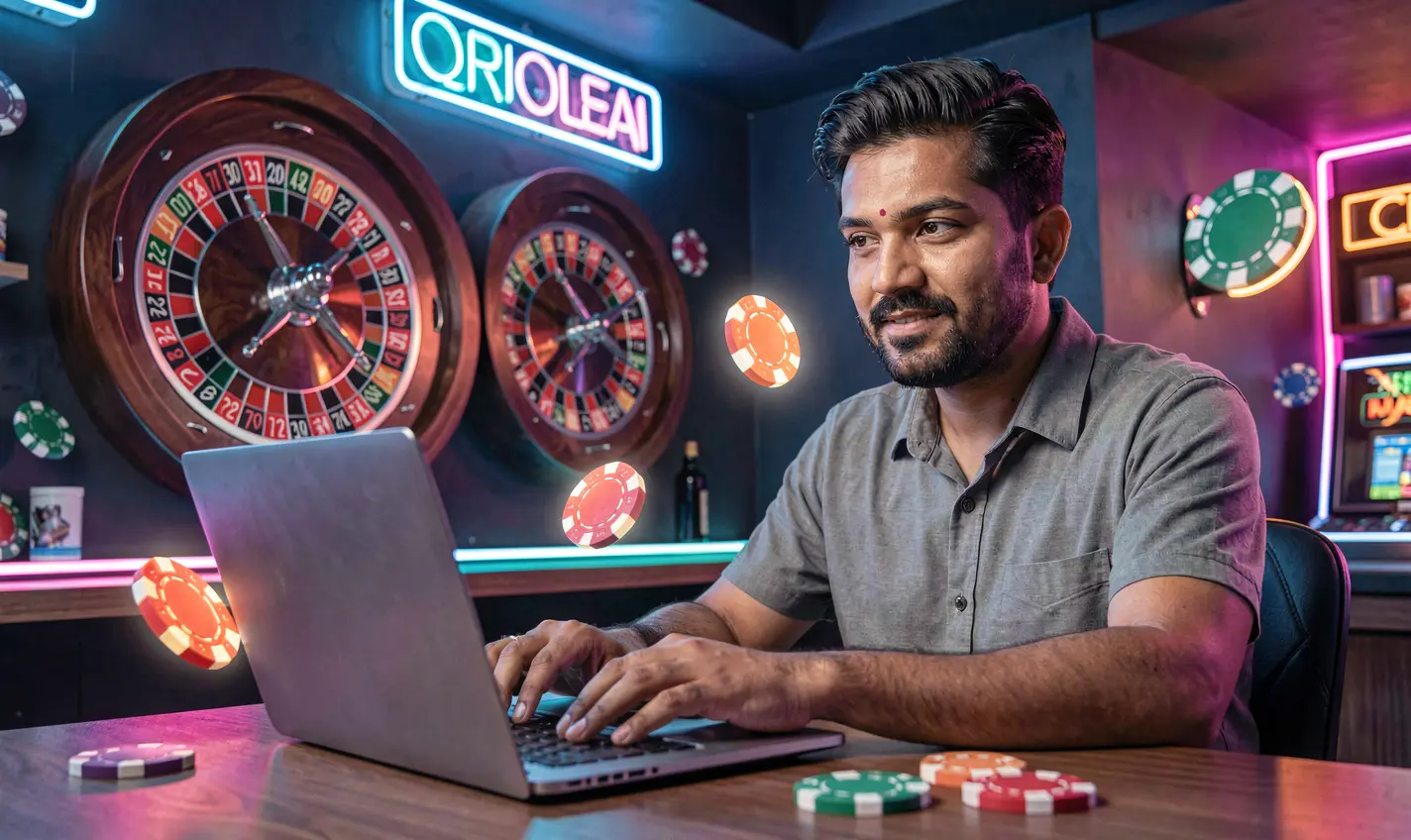 Confident Bangladeshi player enjoying immersive online casino gameplay with vibrant roulette visuals on the 35OK platform