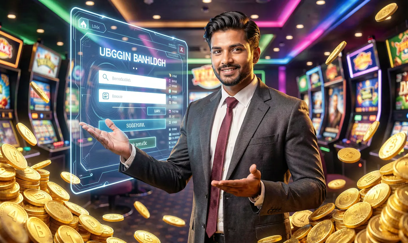Elegant Bangladeshi casino expert welcoming players to the 35OK login experience with glowing lights and golden coins